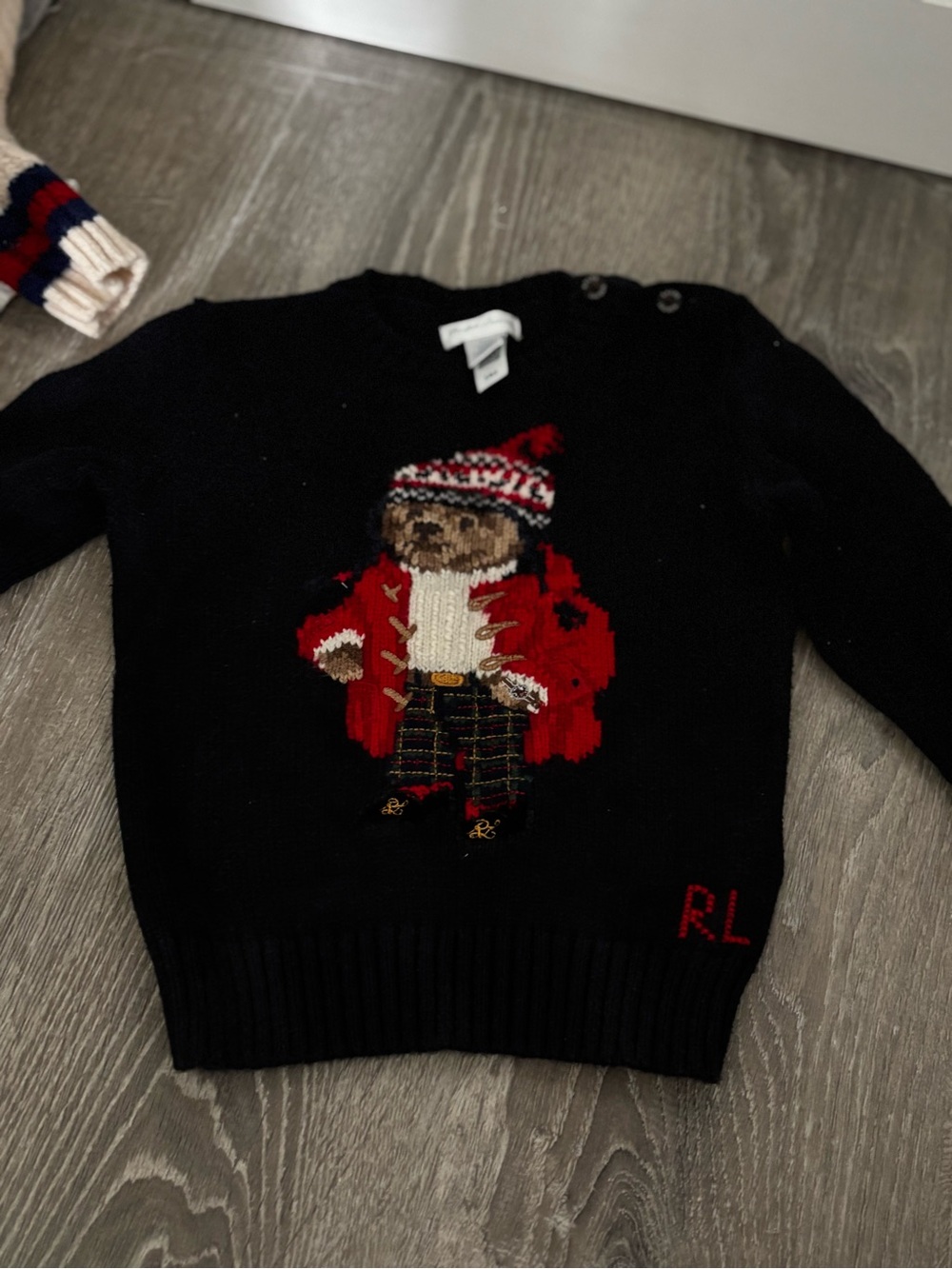 Ralph Lauren Kids Navy Bear Knit Sweater - Red Accent
